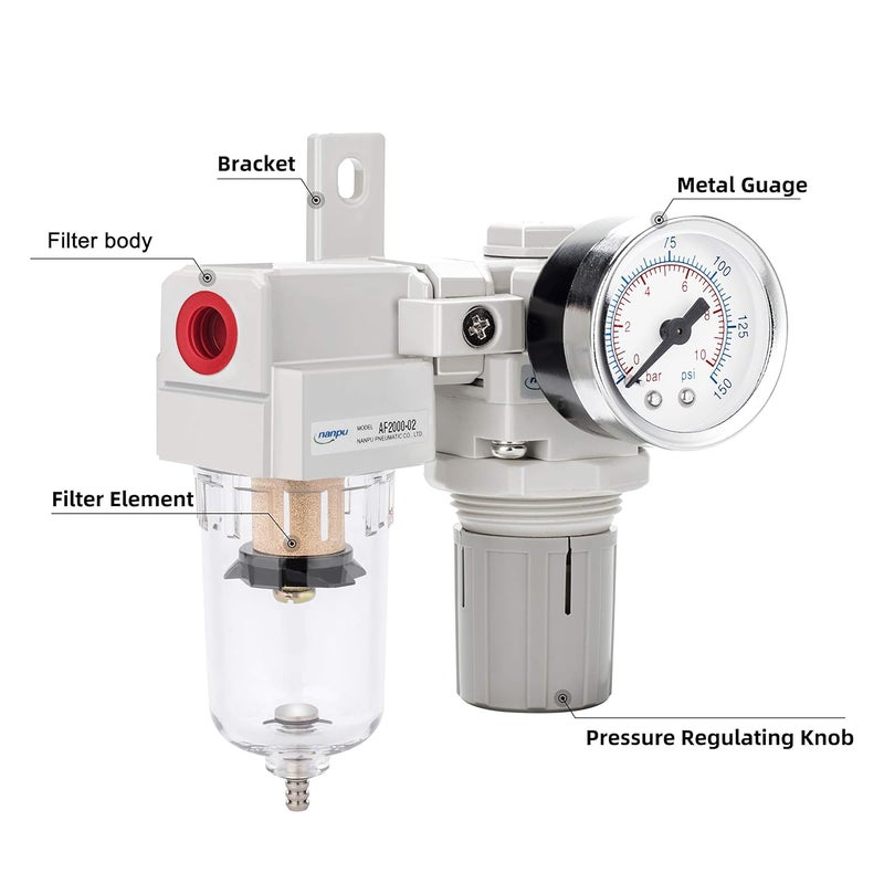 NANPU 1/4" NPT Compressed Air Filter Regulator Combo Piggyback, 5 Micron Element, Poly Bowl, Semi-Auto Drain, Bracket, Gauge (ARF2000) - Image 2