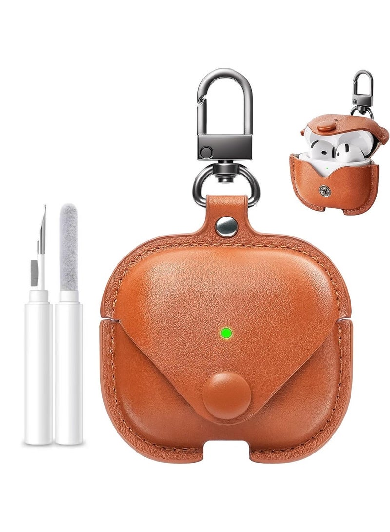 For Airpods 4 Case Leather, AirPods Pro Case with Keychain & Cleaner Kit for Apple Airpods 4th Generation 2024, Full Protective Leather Case Cover for Men Women (Brown) - Image 1