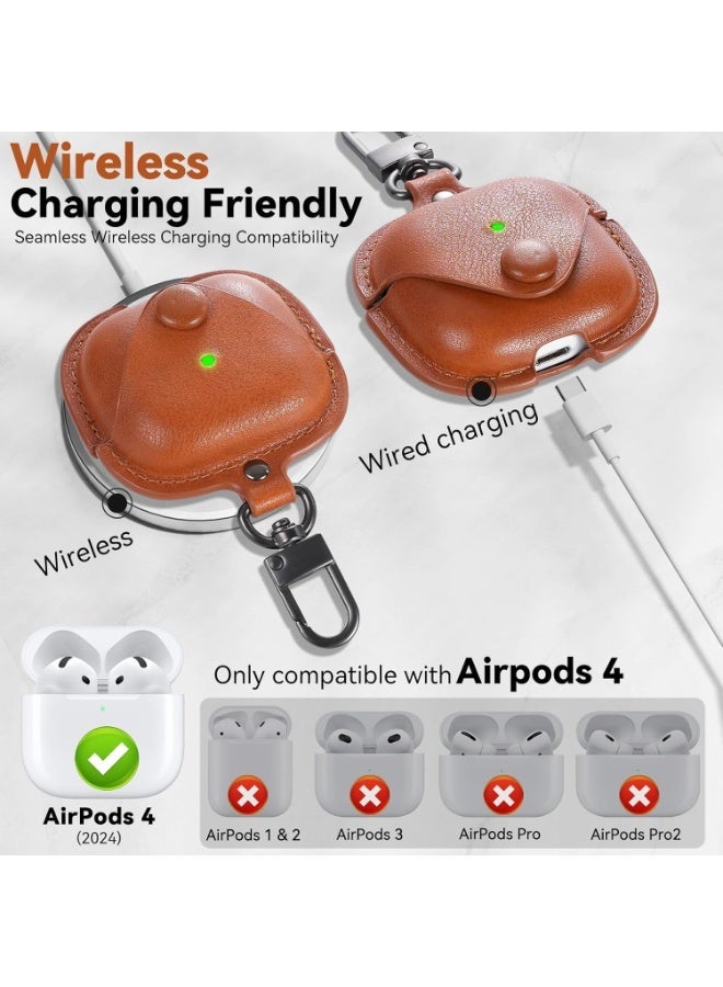 For Airpods 4 Case Leather, AirPods Pro Case with Keychain & Cleaner Kit for Apple Airpods 4th Generation 2024, Full Protective Leather Case Cover for Men Women (Brown) - Image 4