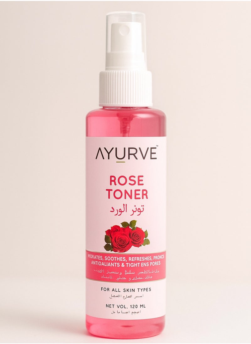 Ayurve Rose Toner – Hydrating & Refreshing Facial Mist with Rose Extract – Soothes Skin & Tightens Pores – 120ml – For All Skin Types 