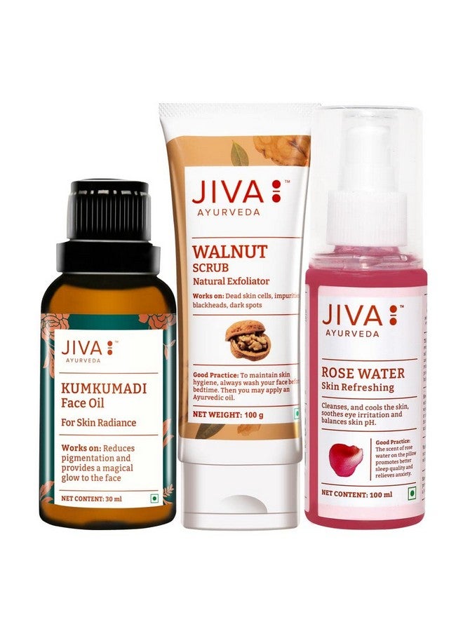 Jiva Skin Care Combo 3 (Kumkumadi Oil 30Ml Walnut Scrub 100G & Rose Water100Ml) Helps To Improves Overall Skin Health (For All Skin Type) (Combo Of 3) - Image 1
