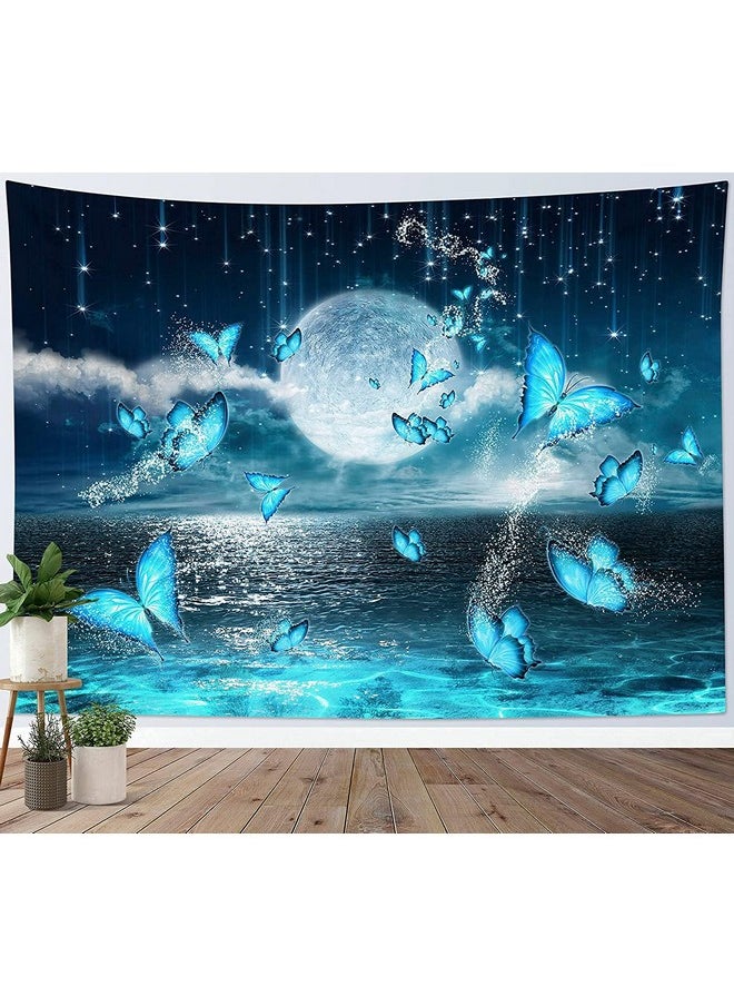 LB Small Full Moon Over Ocean Tapestry Wall Hanging Psychedelic Teal Butterfly Tapestry Starry Night Sky Moon And Stars Tapestries For Teen Kids Bedroom Living Room Dorm Home Decor 80 X 60Inches  - Image 1