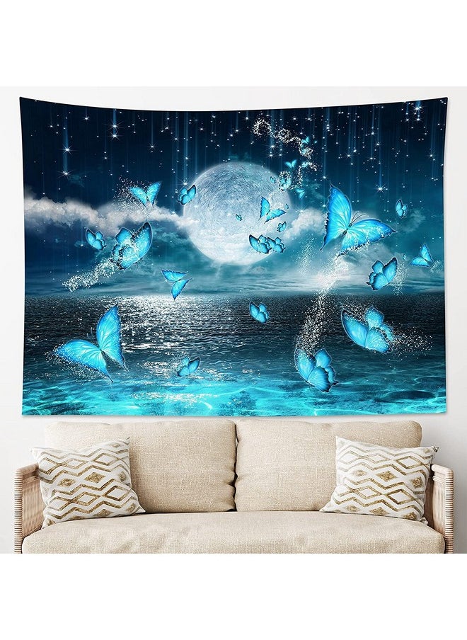 LB Small Full Moon Over Ocean Tapestry Wall Hanging Psychedelic Teal Butterfly Tapestry Starry Night Sky Moon And Stars Tapestries For Teen Kids Bedroom Living Room Dorm Home Decor 80 X 60Inches  - Image 2