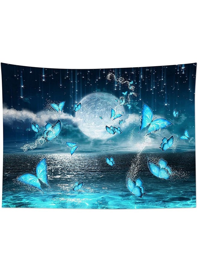 LB Small Full Moon Over Ocean Tapestry Wall Hanging Psychedelic Teal Butterfly Tapestry Starry Night Sky Moon And Stars Tapestries For Teen Kids Bedroom Living Room Dorm Home Decor 80 X 60Inches  - Image 4
