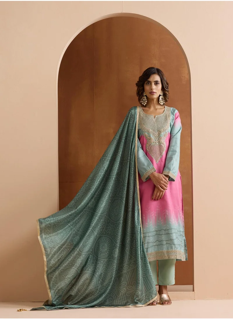 آي شين Women's Pink Polyester Blend Embroidered Tunic Full Length Casual Straight Fit Kurta Set
