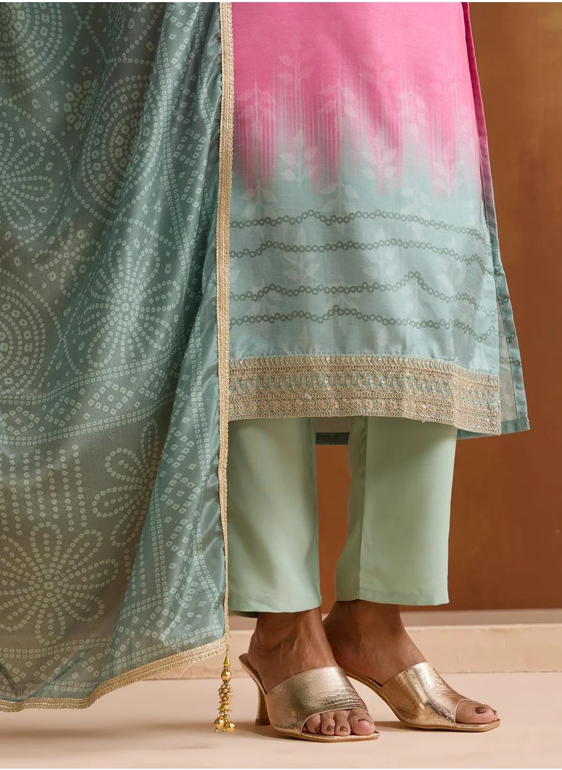 آي شين Women's Pink Polyester Blend Embroidered Tunic Full Length Casual Straight Fit Kurta Set