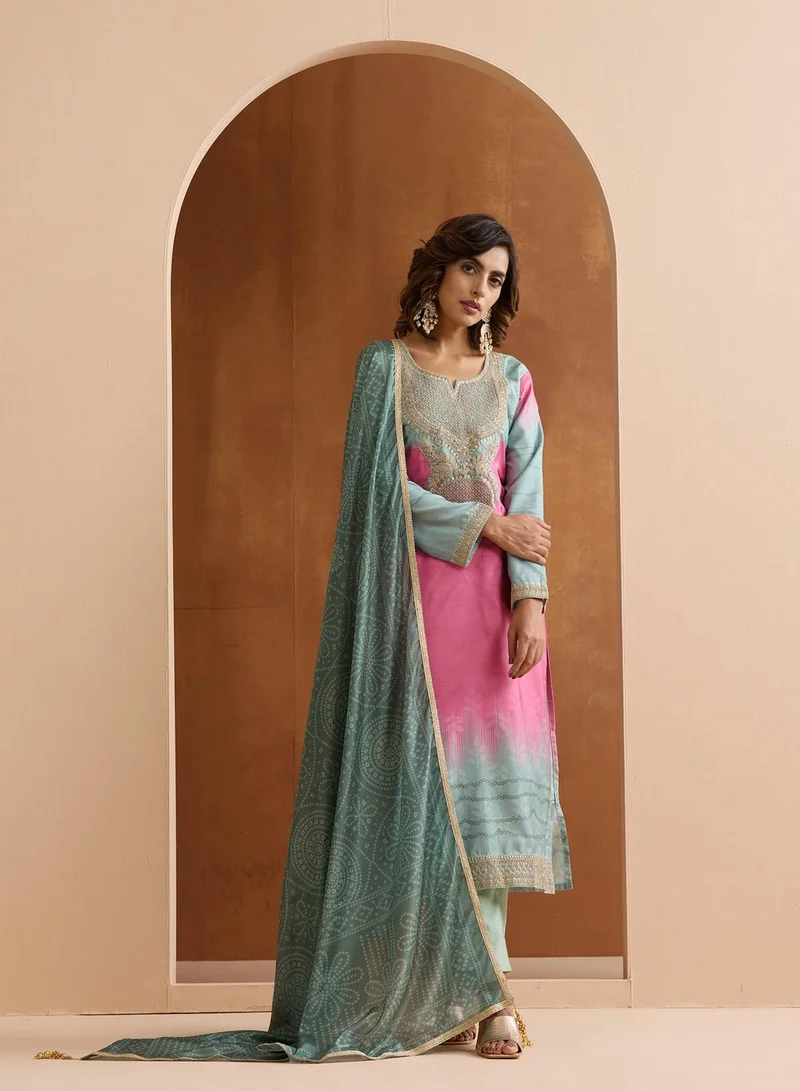 ISHIN Women's Pink Polyester Blend Embroidered Tunic Full Length Casual Straight Fit Kurta Set