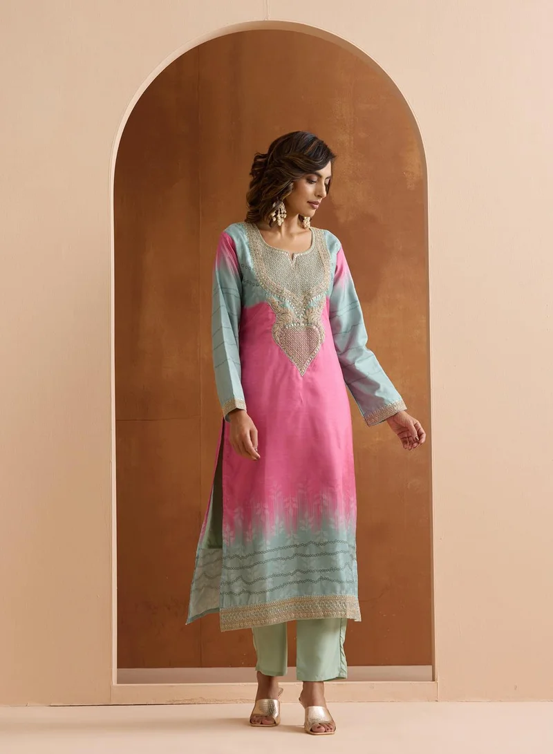 ISHIN Women's Pink Polyester Blend Embroidered Tunic Full Length Casual Straight Fit Kurta Set