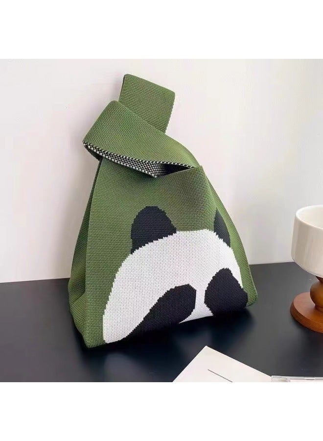 Xipu Cute Panda Knitted Handbag National Trendy Cartoon Wool Women's Bag Wrist Bag Summer Fashion Korean-style All-match-Color:Black Rice-Photo Frame Bear - Image 3