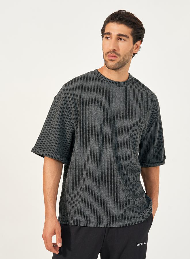 Styli Seersucker Textured Knit Boxy Fitted T-Shirt with Turn-Up Sleeves  - Image 1