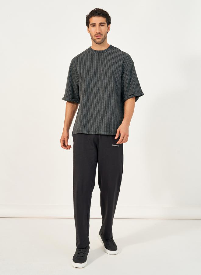Styli Seersucker Textured Knit Boxy Fitted T-Shirt with Turn-Up Sleeves  - Image 2