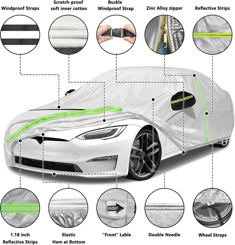 HLOGREE Car Cover for 2012-2023 Tesla Model S,Full Exterior Car Covers for Automobiles All Weather Custom Fit Waterproof Heavy Duty,Zipper/Cotton Design Rain Snow Sun Winter UV Proof【210T Taffeta】- Silver Globally spread simple design - Image 4