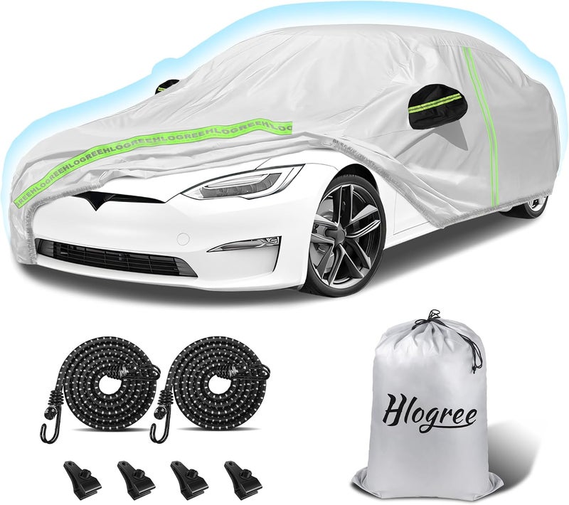 HLOGREE Car Cover for 2012-2023 Tesla Model S,Full Exterior Car Covers for Automobiles All Weather Custom Fit Waterproof Heavy Duty,Zipper/Cotton Design Rain Snow Sun Winter UV Proof【210T Taffeta】- Silver Globally spread simple design - Image 1