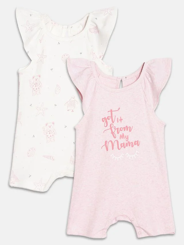 Broon Broon Infant Girls Pink and White Printed Organic Cotton Rompers Pack of 2