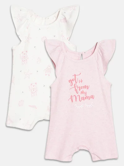 Broon Broon Infant Girls Pink and White Printed Organic Cotton Rompers Pack of 2