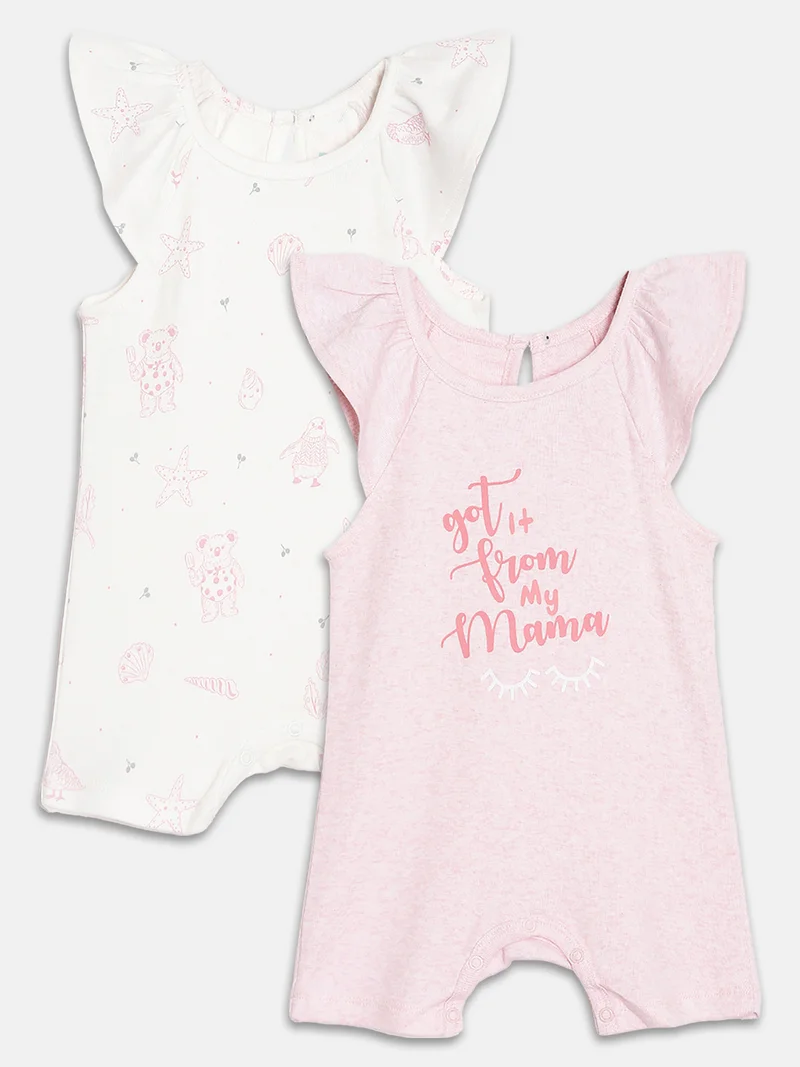 Broon Broon Infant Girls Pink and White Printed Organic Cotton Rompers Pack of 2