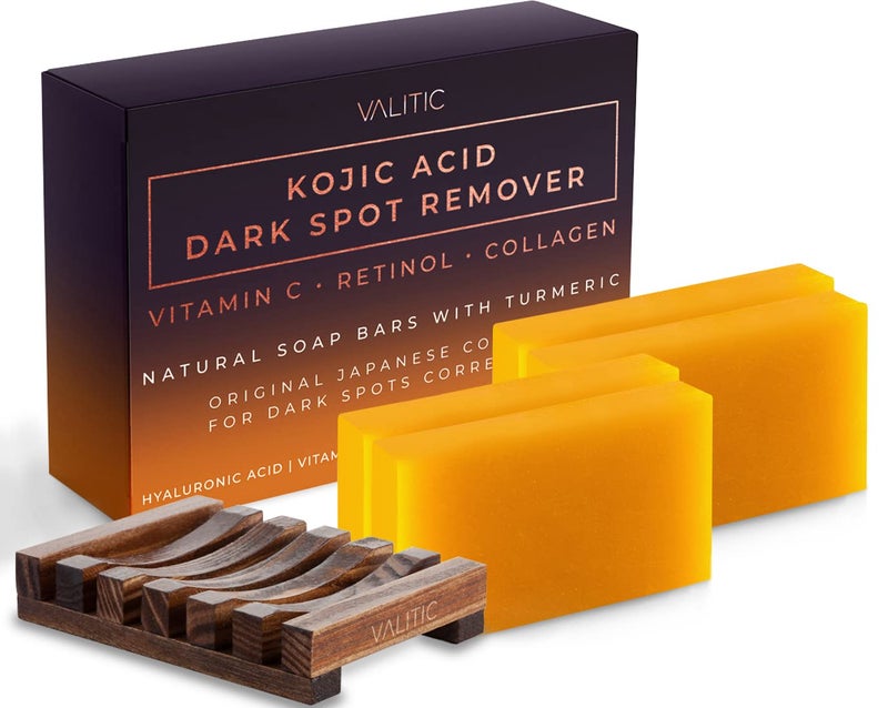 Valitic Kojic Acid Dark Spot Remover Soap Bar with Vitamin C, Retinol, Collagen, Turmeric - Original Japanese Complex - Hyaluronic Acid, Vitamin E, Shea Butter, Castile Oil ( 4 Pack ) With Soap Holder - Image 1