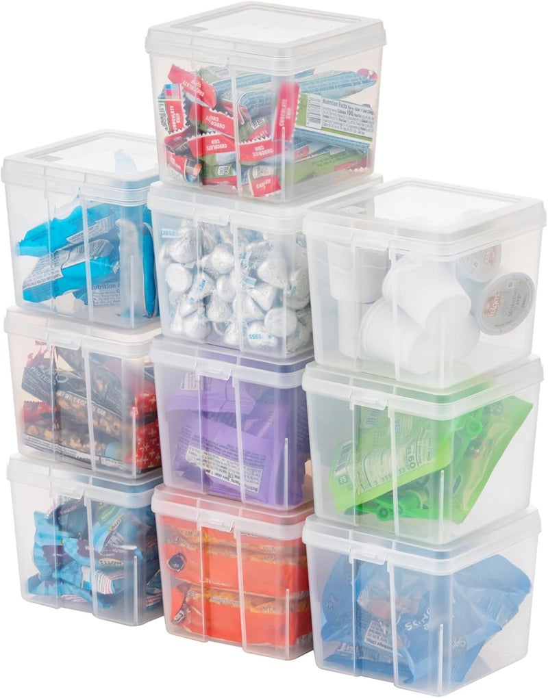 IrisUSA Vertical Plastic Flip Top Storage Containers Bins with Lids for Pantry, Home, Office, Organization, Small, Stackable Hinged Organizer with Latches, Clear, 10 Pack - Image 1