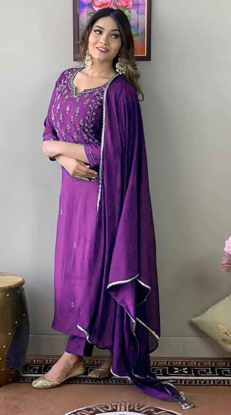 Florely Women's and Girl's Slub Rayon Cotton Regular Sequence Embroidered Work Latest Kurti with Trousers and Duppta (in, Alpha, L, Regular, Purple) - Image 2