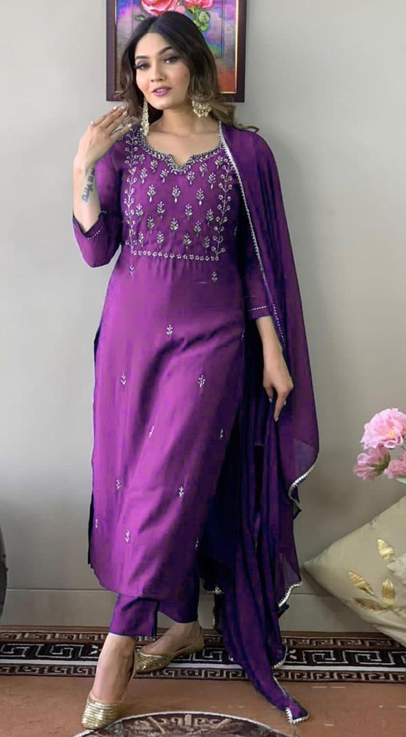 Florely Women's and Girl's Slub Rayon Cotton Regular Sequence Embroidered Work Latest Kurti with Trousers and Duppta (in, Alpha, L, Regular, Purple) - Image 3