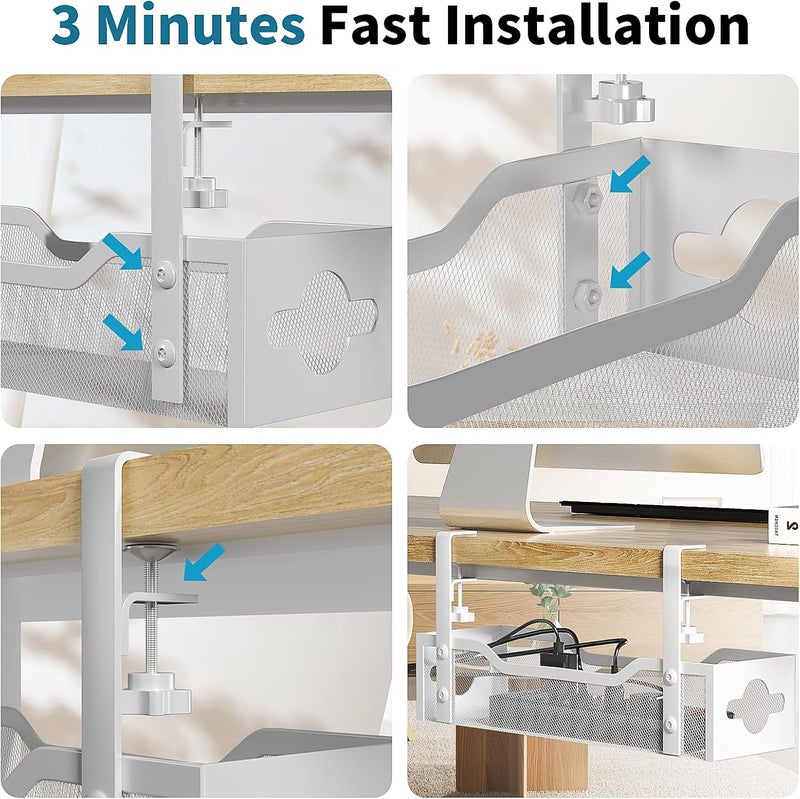 Litwaro Under Desk Cable Management Tray White, Cable Management Under Desk No Drill, Desk Cable Organizer with Clamp for Desk Cord Organizer, Desk Wire Management for Office, Home No Damage to Desk - Image 5