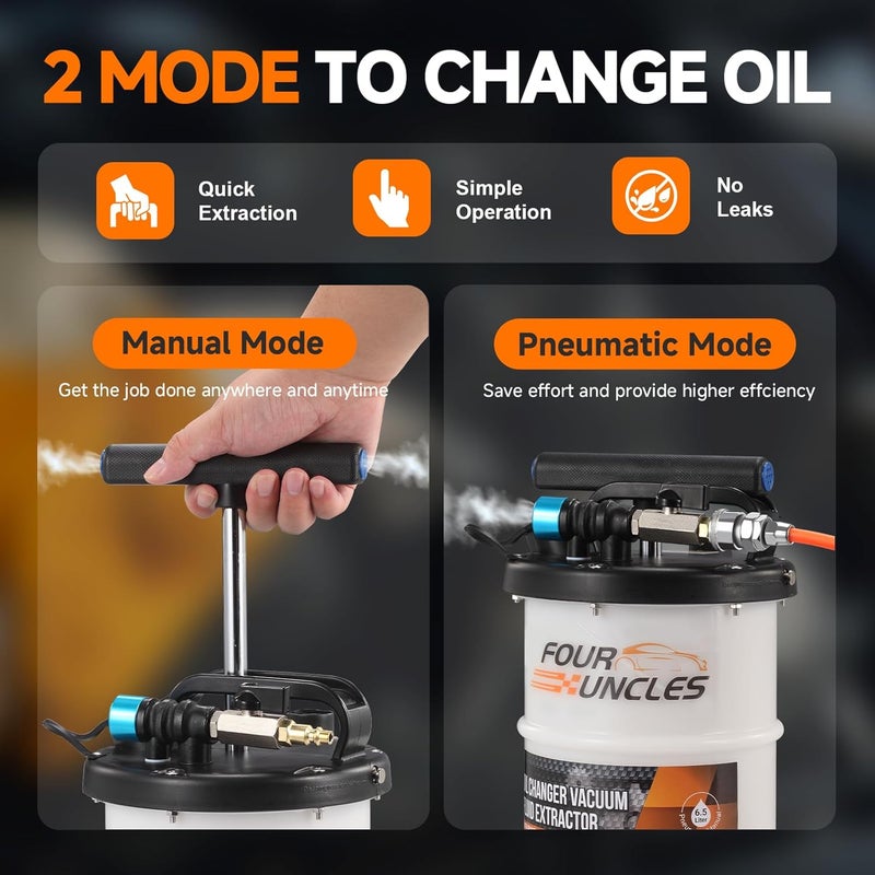FOUR UNCLES 6.5L Oil Extractor - Pneumatic/Manual Vacumm Fluid Extractor with Pump Tank Remover & 5 Tubes for Oil Change and a Brake Bleeding Hose for Brake Fluid Change - Image 2