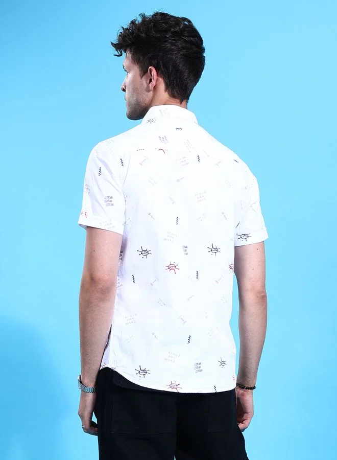 شركة المرآب الهندية قميص رجالي بقصة ضيقة وطبعة محادثة وأكمام نصفية وياقة مفتوحة كاجوال