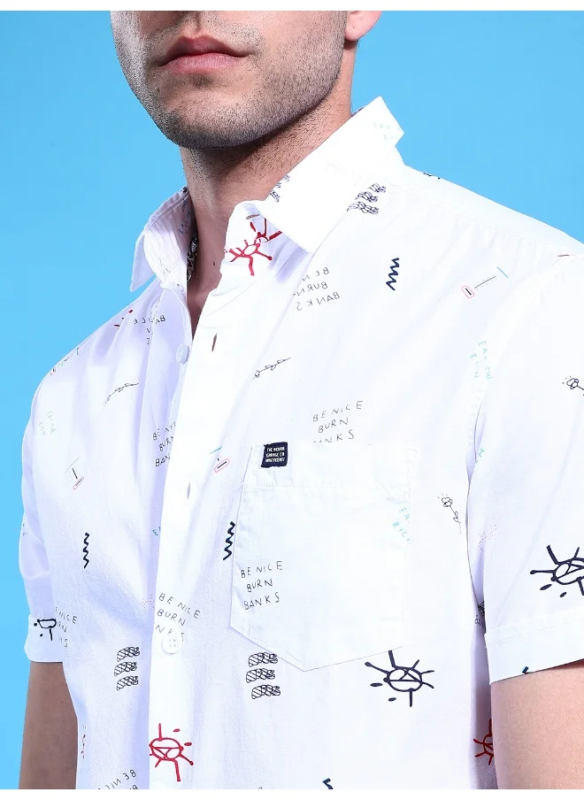 شركة المرآب الهندية White Slim Fit Casual Printed Shirt