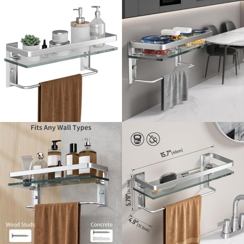 Generic Bathroom Wall Shelf with Towel Bar Clear Tempered Glass Storage ...