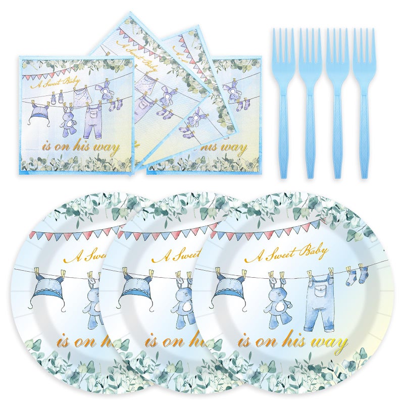 HFBOBP 75PCS Greenery Baby Shower Plates and Napkins Decorations Party Favors  7Inch A Sweet Baby Is on His Way Baby Boy Shower Paper Plates Disposable Dessert Tableware Party Supplies - Image 1