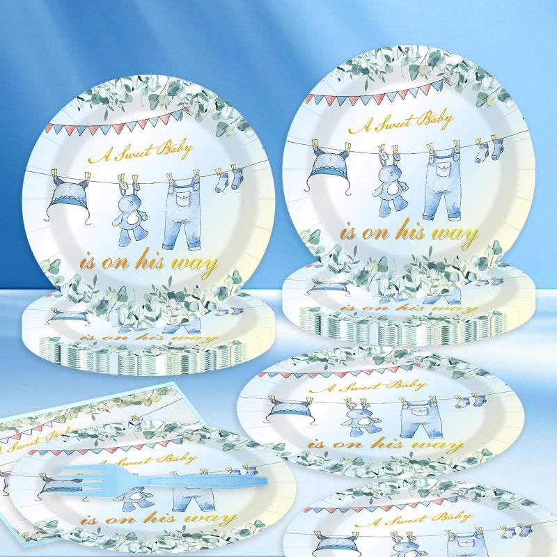HFBOBP 75PCS Greenery Baby Shower Plates and Napkins Decorations Party Favors  7Inch A Sweet Baby Is on His Way Baby Boy Shower Paper Plates Disposable Dessert Tableware Party Supplies - Image 2