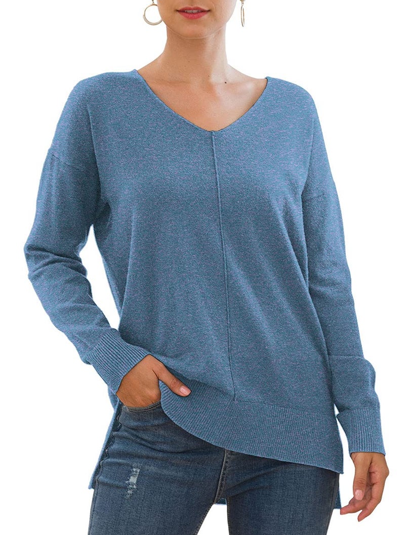 Jouica Womens V Neck Sweatshirt Side Split Loose Casual Sweater,HC Blue,Medium - Image 1