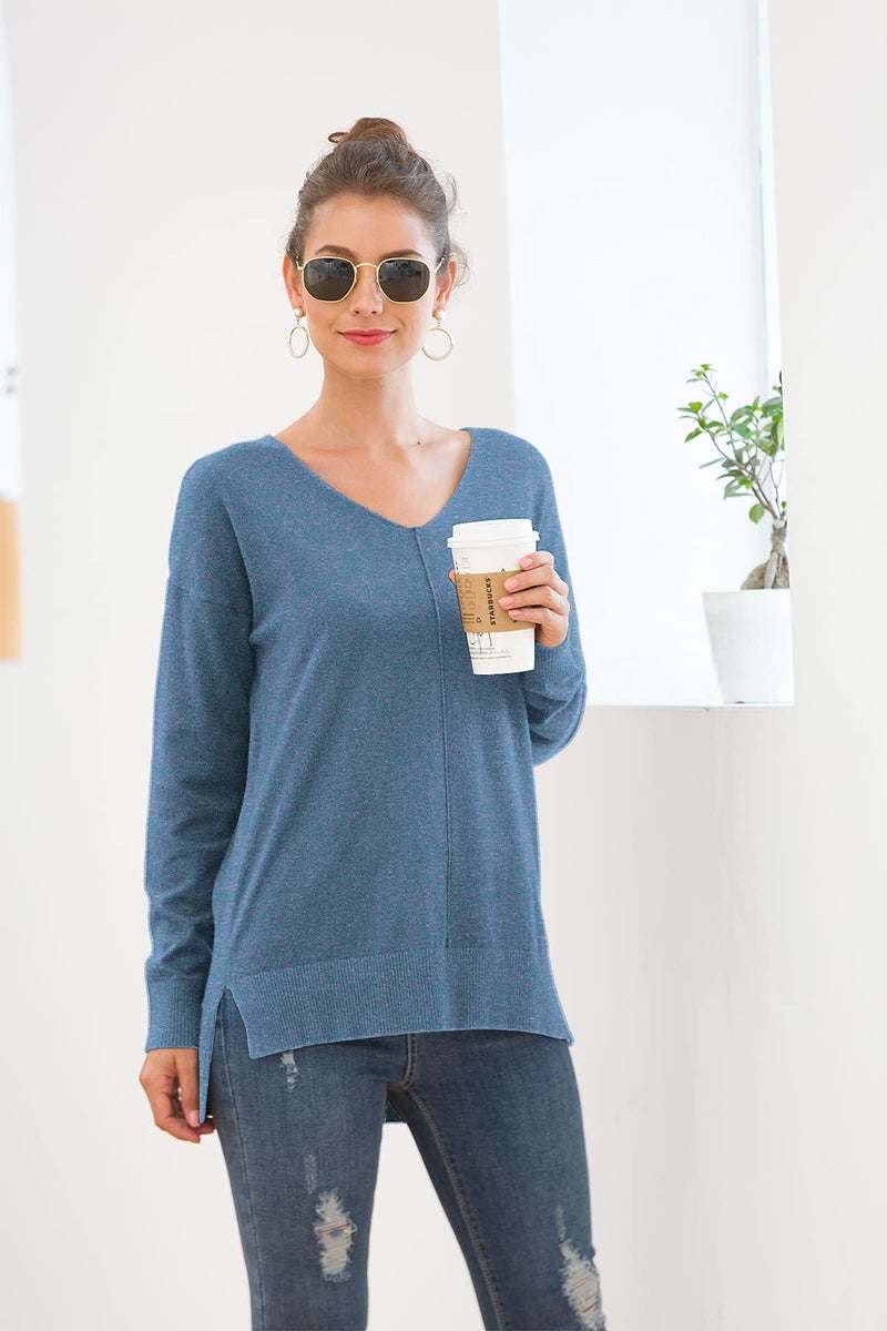 Jouica Womens V Neck Sweatshirt Side Split Loose Casual Sweater,HC Blue,Medium - Image 2