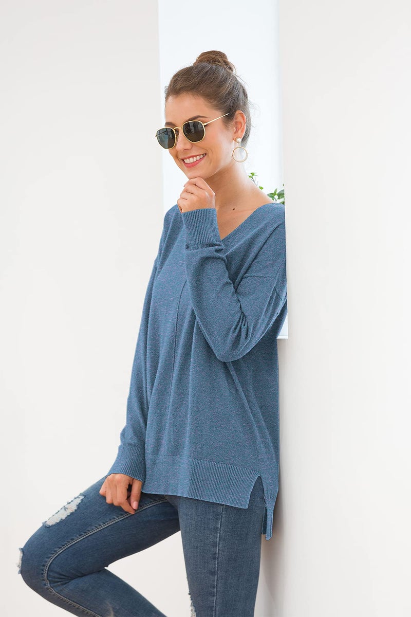 Jouica Womens V Neck Sweatshirt Side Split Loose Casual Sweater,HC Blue,Medium - Image 5