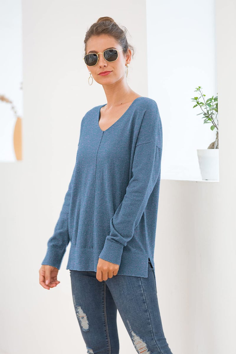 Jouica Womens V Neck Sweatshirt Side Split Loose Casual Sweater,HC Blue,Medium - Image 4