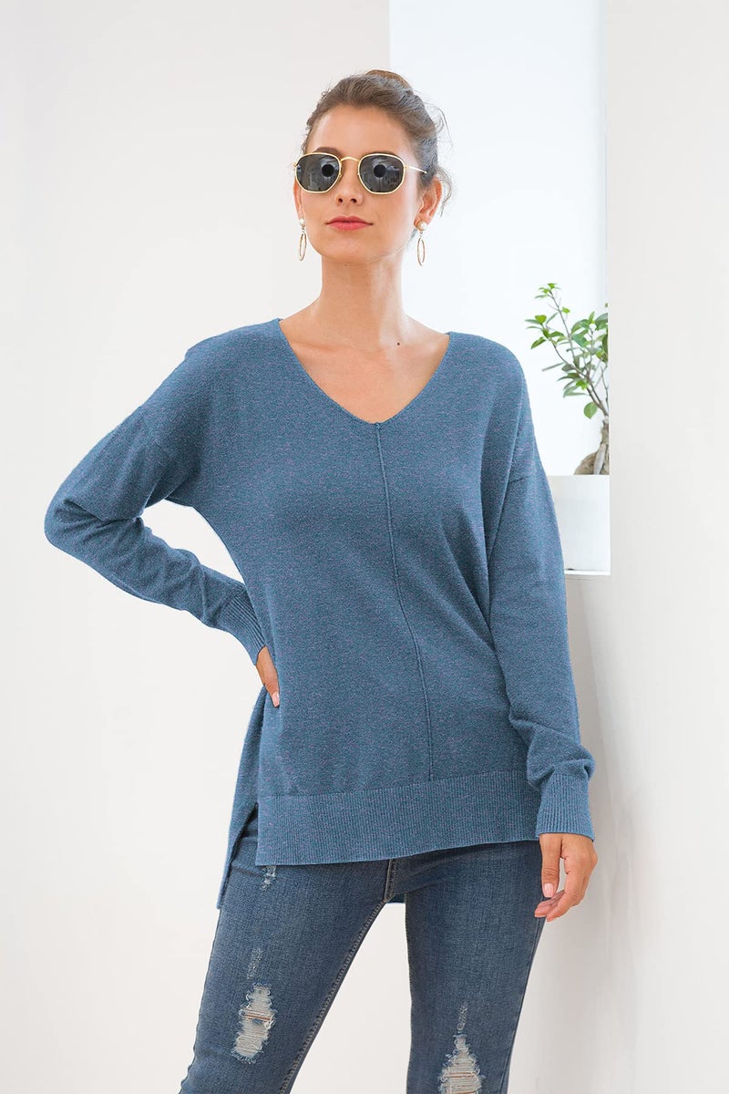 Jouica Womens V Neck Sweatshirt Side Split Loose Casual Sweater,HC Blue,Medium - Image 3