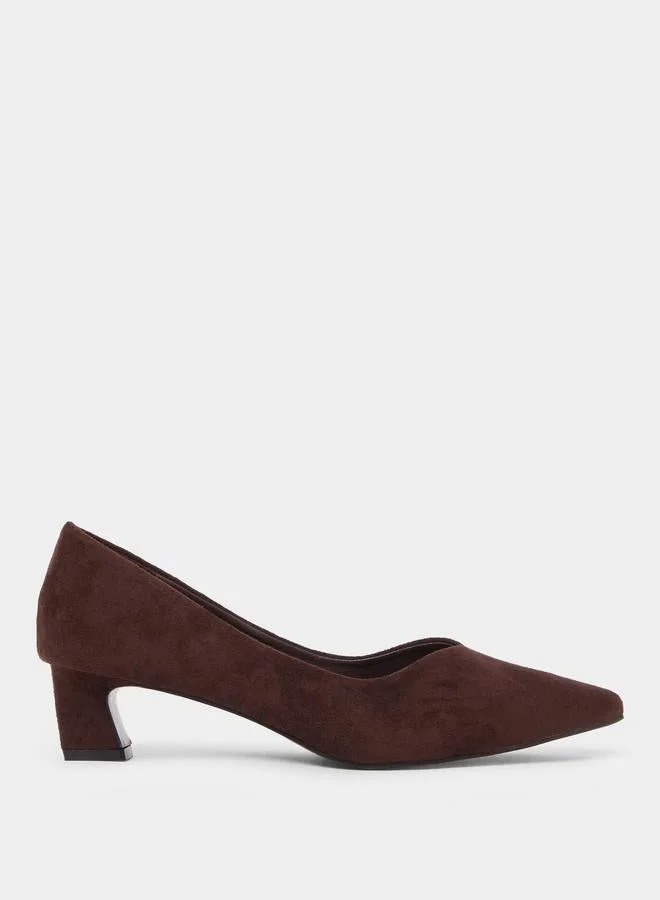 Styli Brown Pointed Toe Block Heel Court Shoes