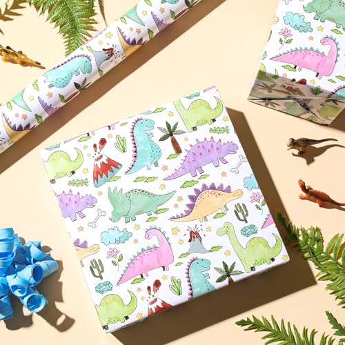 BIOBROWN Dinosaur Wrapping Paper Roll - 17 Inches X 33 Feet - Colorful Hand-drawn Dinosaurs Design Gift Wrap Paper for Boys, Girls, Birthday, Baby Shower, Dino Party - Image 3