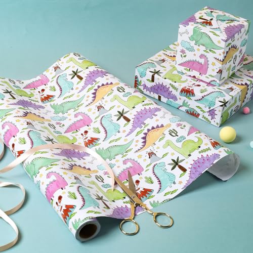 BIOBROWN Dinosaur Wrapping Paper Roll - 17 Inches X 33 Feet - Colorful Hand-drawn Dinosaurs Design Gift Wrap Paper for Boys, Girls, Birthday, Baby Shower, Dino Party - Image 5