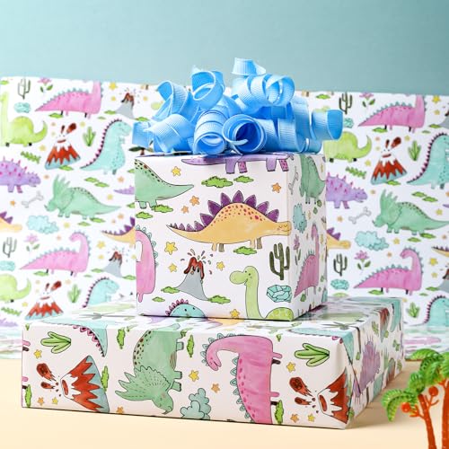 BIOBROWN Dinosaur Wrapping Paper Roll - 17 Inches X 33 Feet - Colorful Hand-drawn Dinosaurs Design Gift Wrap Paper for Boys, Girls, Birthday, Baby Shower, Dino Party - Image 2