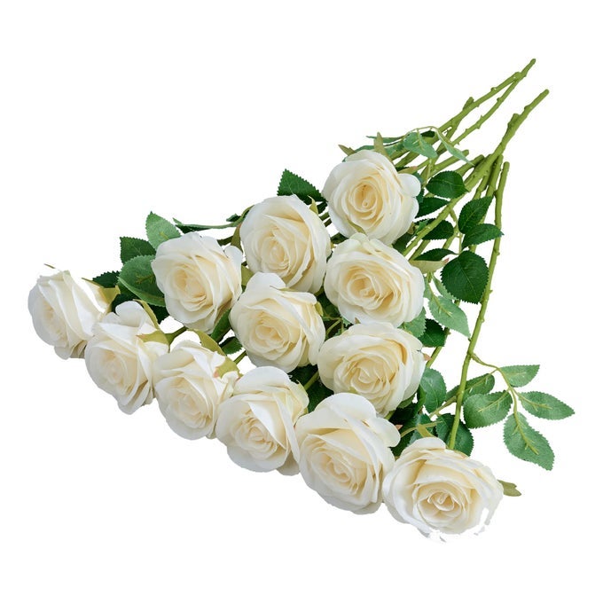 12PCS IVORY ROSES ARTIFICIAL FLOWERS SILK FLOWERS FAKE ROSES WITH LONG STEMS FOR WEDDING DECOR HOME DECOR BABY SHOWER PARTY CENTERPIECES DECORATIONS