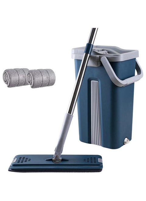 Sky-Touch Mop and Bucket : Flat Mop Bucket System with Wringer Set Squeeze Mop Bucket Set with Long Handle for Home Office Floor Wall Windows (2 Pads Grey/Blue)