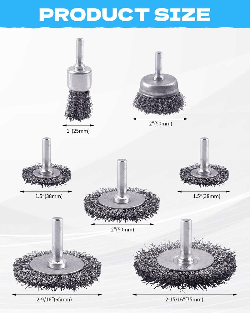 Rocaris 7-Pack Carbon Steel Wire Wheel Brush Set - Cup, Wheel, Pen Brushes with 1/4-Inch Round Shank for Rust Removal, Corrosion and Scrubbing Surfaces - Image 2