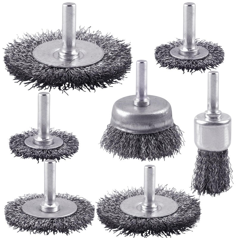 Rocaris 7-Pack Carbon Steel Wire Wheel Brush Set - Cup, Wheel, Pen Brushes with 1/4-Inch Round Shank for Rust Removal, Corrosion and Scrubbing Surfaces - Image 1