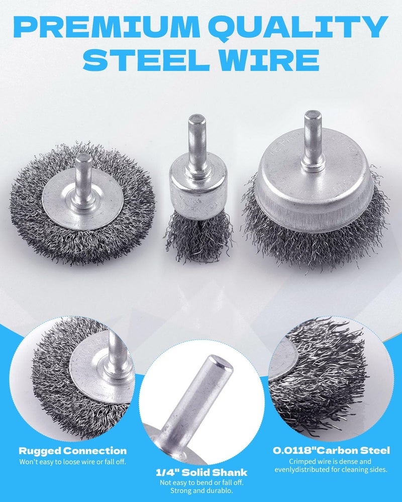 Rocaris 7-Pack Carbon Steel Wire Wheel Brush Set - Cup, Wheel, Pen Brushes with 1/4-Inch Round Shank for Rust Removal, Corrosion and Scrubbing Surfaces - Image 3