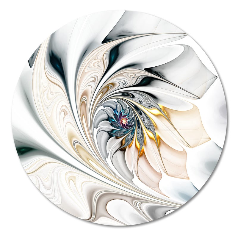 Designart White Floral round metal wall Art Modern white round wall art Abstract Round metal wall art with Glossy Coating White metal wall art decor for Bedroom Dining Room Bathroom Living Room Decor Round 23 x 23