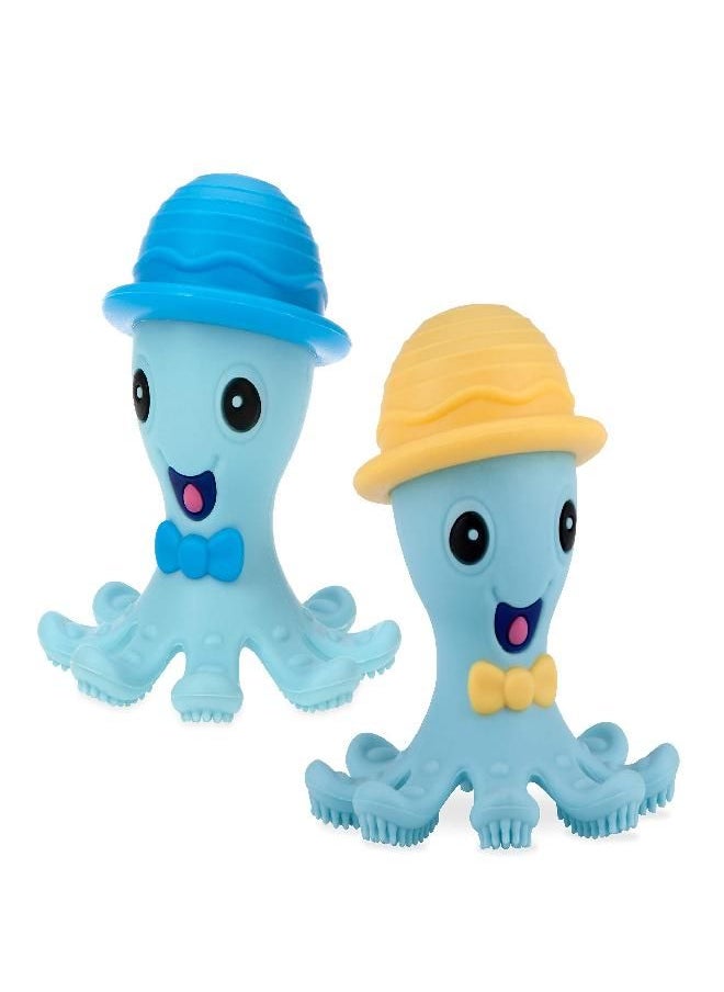 Nuby - Nuby Silly Silicone Octopus Teethe with Soothing Massaging Bristles For Sore Gums, Yellow/Blue - Image 1