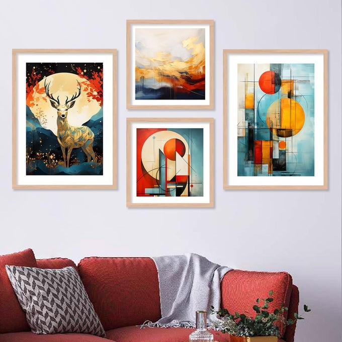 WOOD MODERN ART DEER PAINTING FOR LIVING ROOMPAINTING FOR WALL DECORATION 10 INCH X 13 INCH SET 4 CATE 017