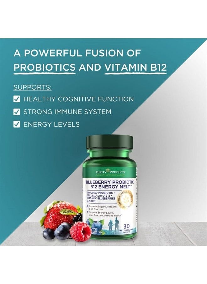 Purity Products - Blueberry Probiotic B12 Energy Melt ProDura Clinical Probiotic - Organic Blueberries, Methylcobalamin B-12-30 Melts - Image 1