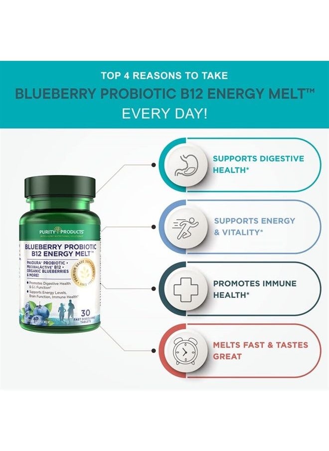 Purity Products - Blueberry Probiotic B12 Energy Melt ProDura Clinical Probiotic - Organic Blueberries, Methylcobalamin B-12-30 Melts - Image 1